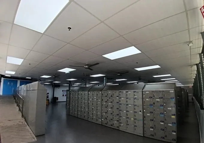 Banks of steel lockers in the refitted Flextronics changing room at PTP, Tanjung Pelepas